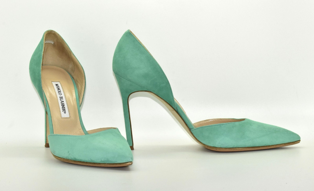 C0 Auth MANOLO BLAHNIK Turquoise Suede Pointed Toe Heels Taylerbinu Pump Sz 39.5